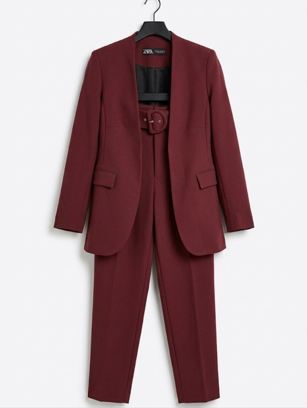 ZARA Burgundy Tailored Pantsuit Blazer & Pant Set with Belt - US Small
